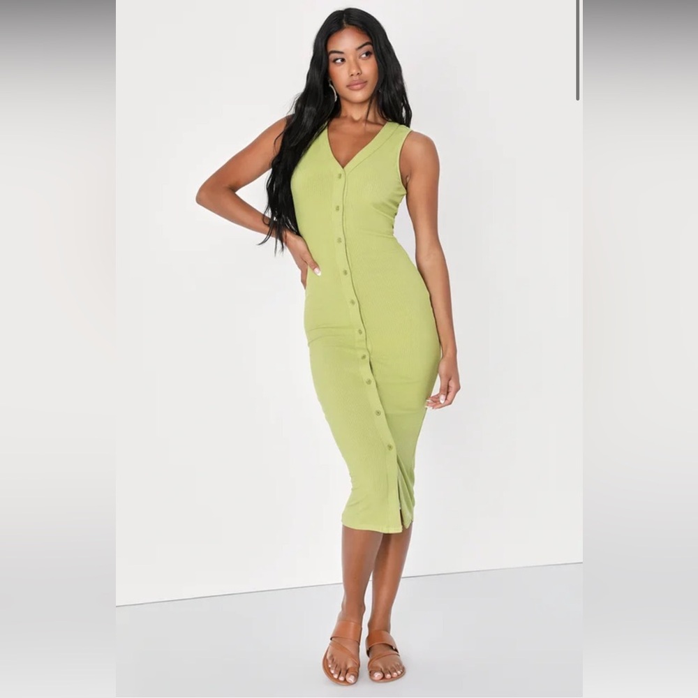 Lulus Effortless Evenings Lime Green Ribbed Button-front Midi Dress - Size S